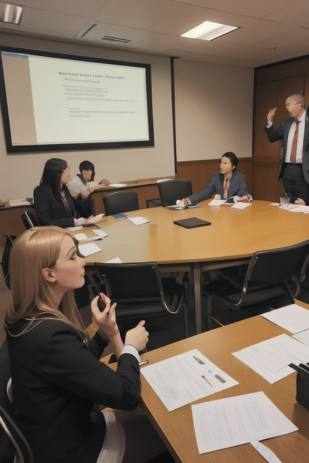 The Anomaly Bureau meeting in a conference room with a big screen in front, Several men in suits sitting in the chairs around the tables