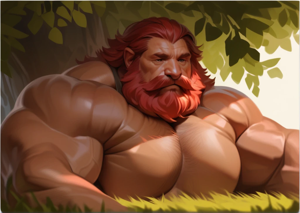 man, Red hair, red beard, long beard, thick and strong, big belly, thick body hair, naked, small, tight panties, standing in the forest, big trees, nature, holding an ax in his hand 