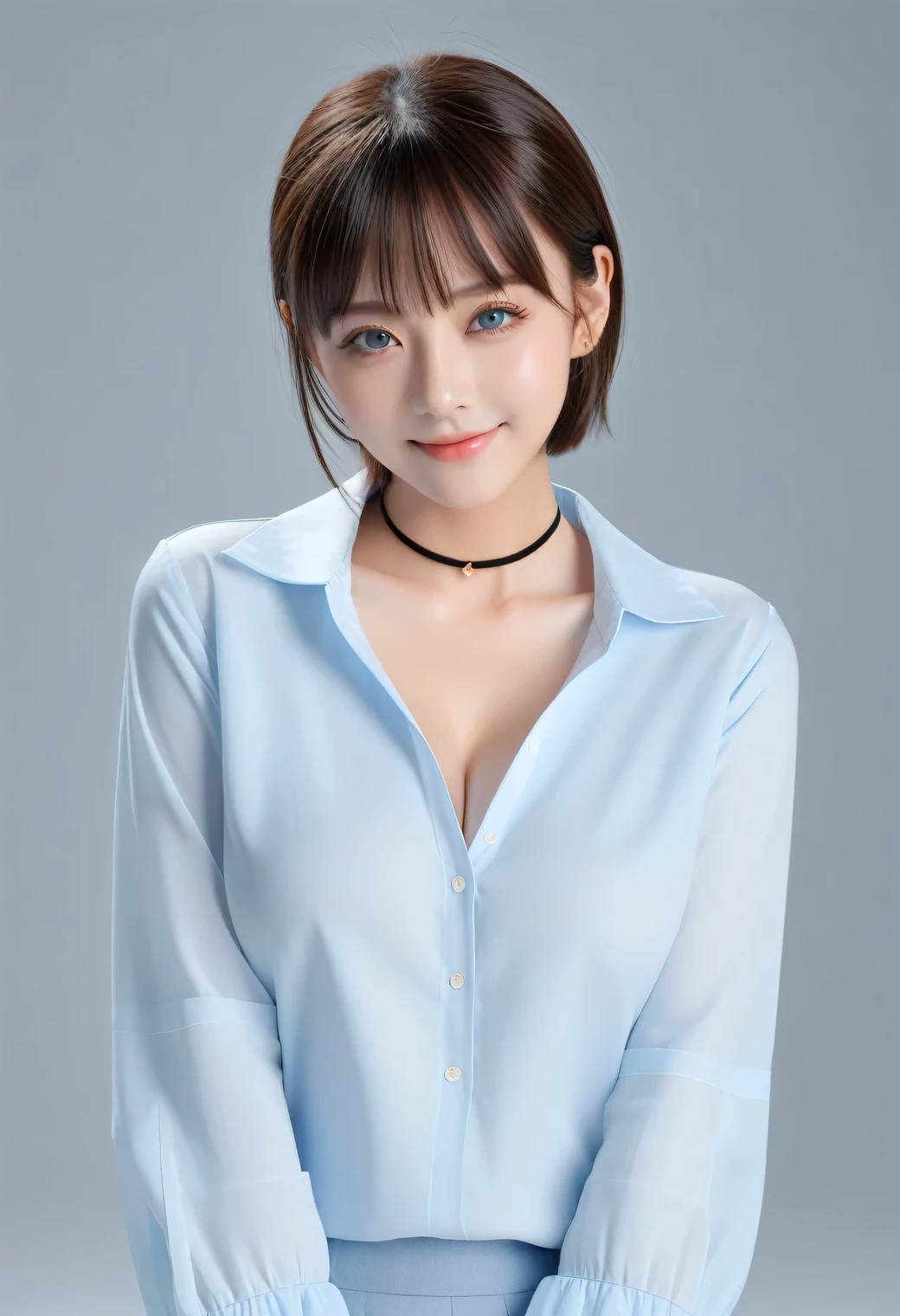 score_8up, score_9, Beautiful girl who is a dependant, Submissive woman, Happy expression, ((Light blue tight collar shirt)), Orthodox clothing, adorable, smile, Slim face, The body is slim,Straight long hair, Brown Hair, sexly, girl, Perfect hands,Black choker、Blue contact lenses、bangs、Very thick and long eyelashes、((Big Breasts)), Dependents, Big Breasts, Red lipstick, Anatomically correct, clear、upright、Lounge, counter,There are papers and a pen on the table、Light clothing