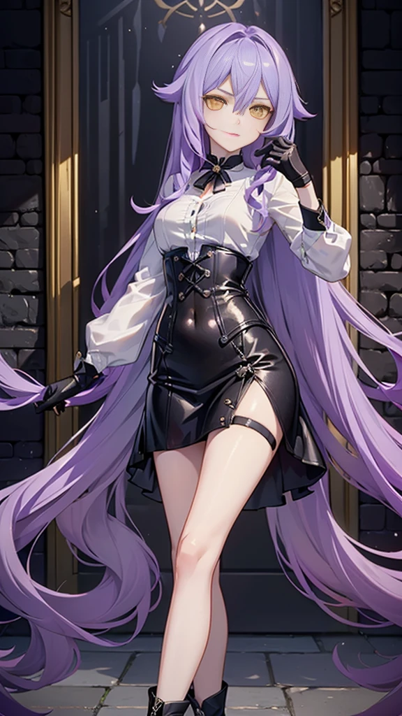 ((Masterpiece)),(( The best quality)), (detailed), expressive eyes, (Perfect face), 1 girl, (standing), (Sirin, Honkai Impact), (long purple hair), (Yellow eyes, detailed eyes), (sensual lips), (serious expression), (slim build), View from the front, choker:1.6, (White collar button-down shirt with white long sleeves), Black gloves, gloves that cover the hands, (black leather corset), (shiny black miniskirt), (black boots), (elegant mansion), by day