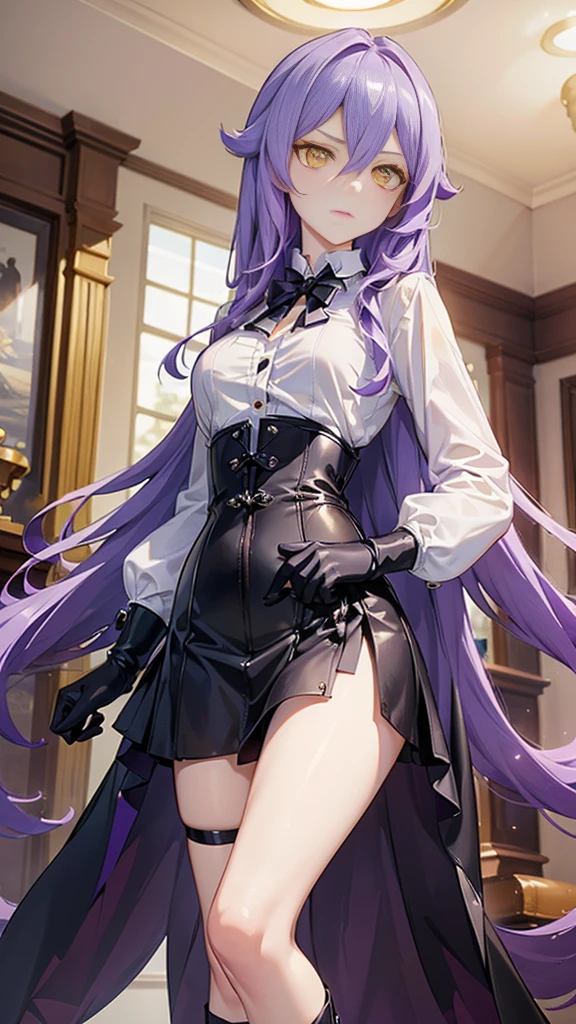 ((Masterpiece)),(( The best quality)), (detailed), expressive eyes, (Perfect face), 1 girl, (standing), (Sirin, Honkai Impact), (long purple hair), (Yellow eyes, detailed eyes), (sensual lips), (serious expression), (slim build), View from the front, choker:1.6, (White collar button-down shirt with white long sleeves), Black gloves, gloves that cover the hands, (black leather corset), (shiny black miniskirt), (black boots), (elegant mansion), by day