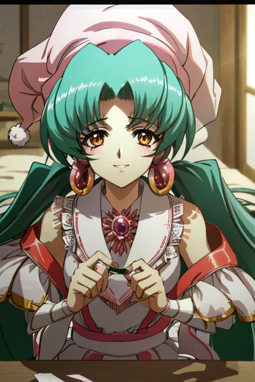 Ran Faniel、animeのスクリーンキャプチャ、Girl 1 Person、solo、Green Hair、ピンクのdress、hat、Ball-shaped hair accessories、Long Hair、Twin tails、Hair accessories、dress、indoor、Orange eyes、blush、High resolution、Detailed face、Detailed eyes、Seductive eyes、誘惑的なsmile、Sitting、happiness、smile、(Center、Scale to Fit、Three-part method)、(masterpiece)、high quality、Exquisite detail、Highly detailed background、8k、Cel Shading、Screen capture、anime、、Hungry Clicker easynegative、of_deepnegative_v1_75t Negative prompt (最low quality、low quality、Normal quality:1.5)、easynegative、(A funny body with 10 funny joints)、of_deepnegative_v1_75t