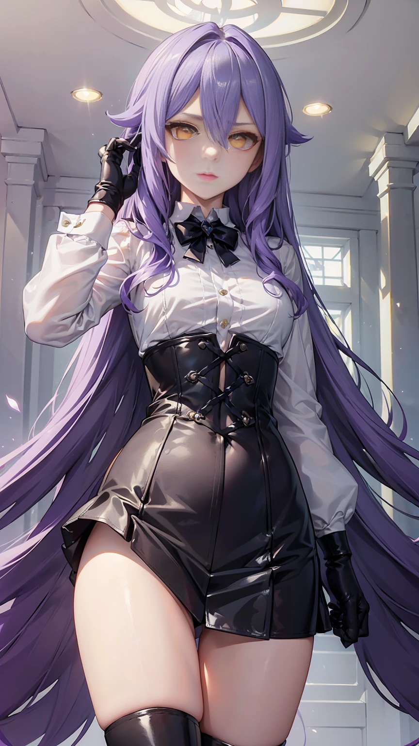 ((Masterpiece)),(( The best quality)), (detailed), expressive eyes, (Perfect face), 1 girl, (standing), (Sirin, Honkai Impact), (long purple hair), (Yellow eyes, detailed eyes), (sensual lips), (serious expression), (slim build), View from the front, choker:1.6, (White collar button-down shirt with white long sleeves), Black gloves, gloves that cover the hands, (black leather corset), (shiny black miniskirt), (black boots), (elegant mansion), by day