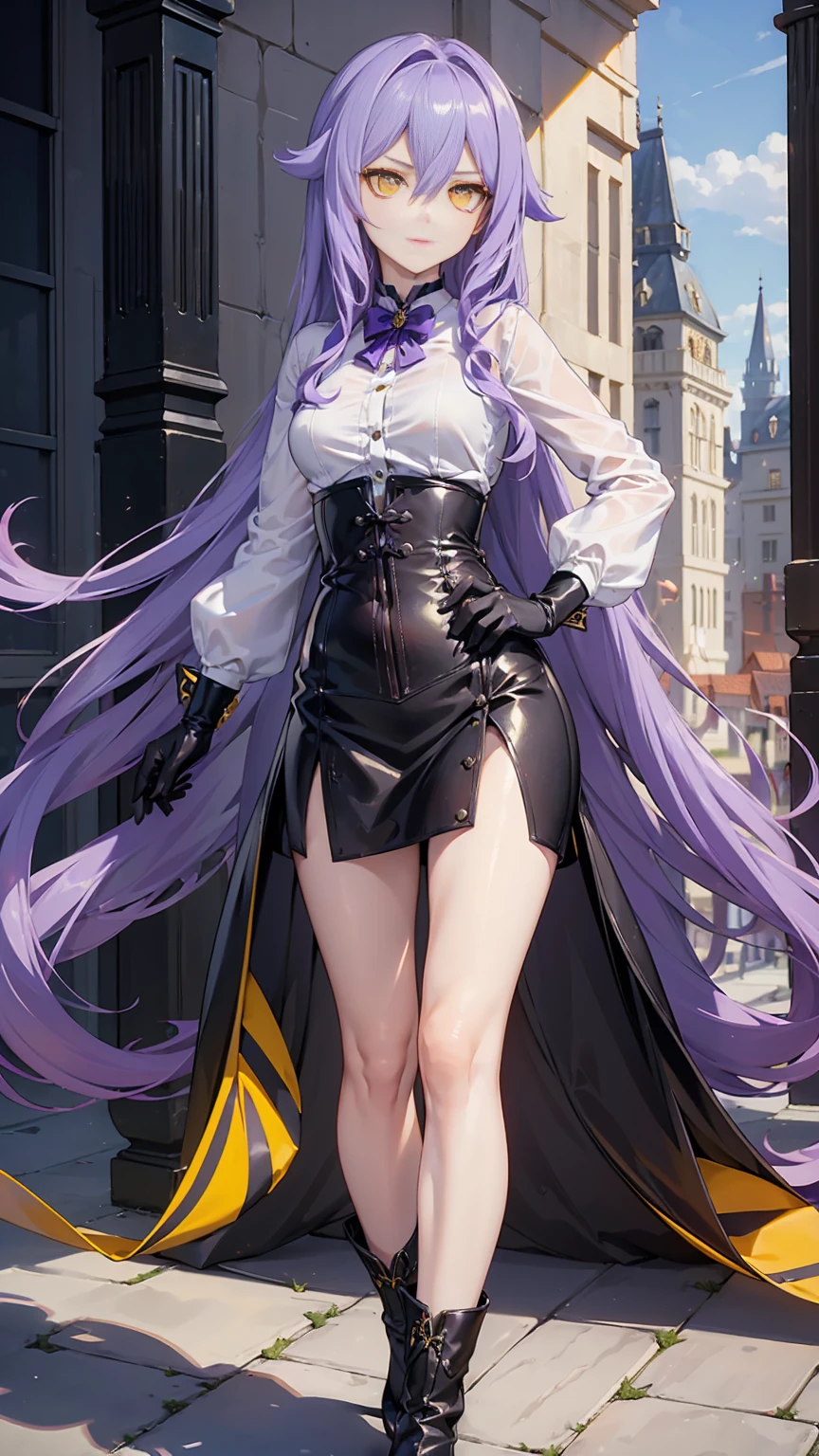 ((Masterpiece)),(( The best quality)), (detailed), expressive eyes, (Perfect face), 1 girl, (standing), (Sirin, Honkai Impact), (long purple hair), (Yellow eyes, detailed eyes), (sensual lips), (serious expression), (slim build), View from the front, choker:1.6, (White collar button-down shirt with white long sleeves), Black gloves, gloves that cover the hands, (black leather corset), (shiny black miniskirt), (black boots), (elegant mansion), by day