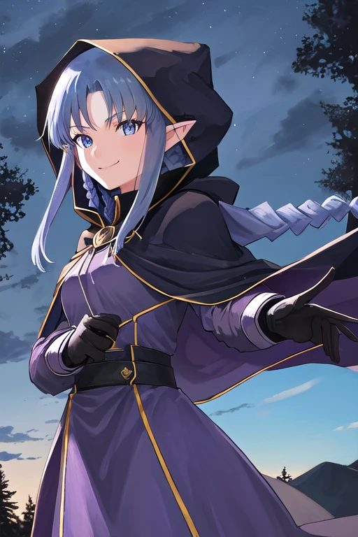 pointy ears, long hair, blue hair, blue eyes, braid, side braid, breasts, purple dress, black gloves, cape, hood, hood up, smile, night, outdoors, forest, cowboy shot, side lsit, masterpiece