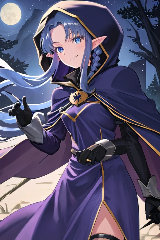 pointy ears, long hair, blue hair, blue eyes, braid, side braid, breasts, purple dress, black gloves, cape, hood, hood up, smile, night, outdoors, forest, cowboy shot, side lsit, masterpiece