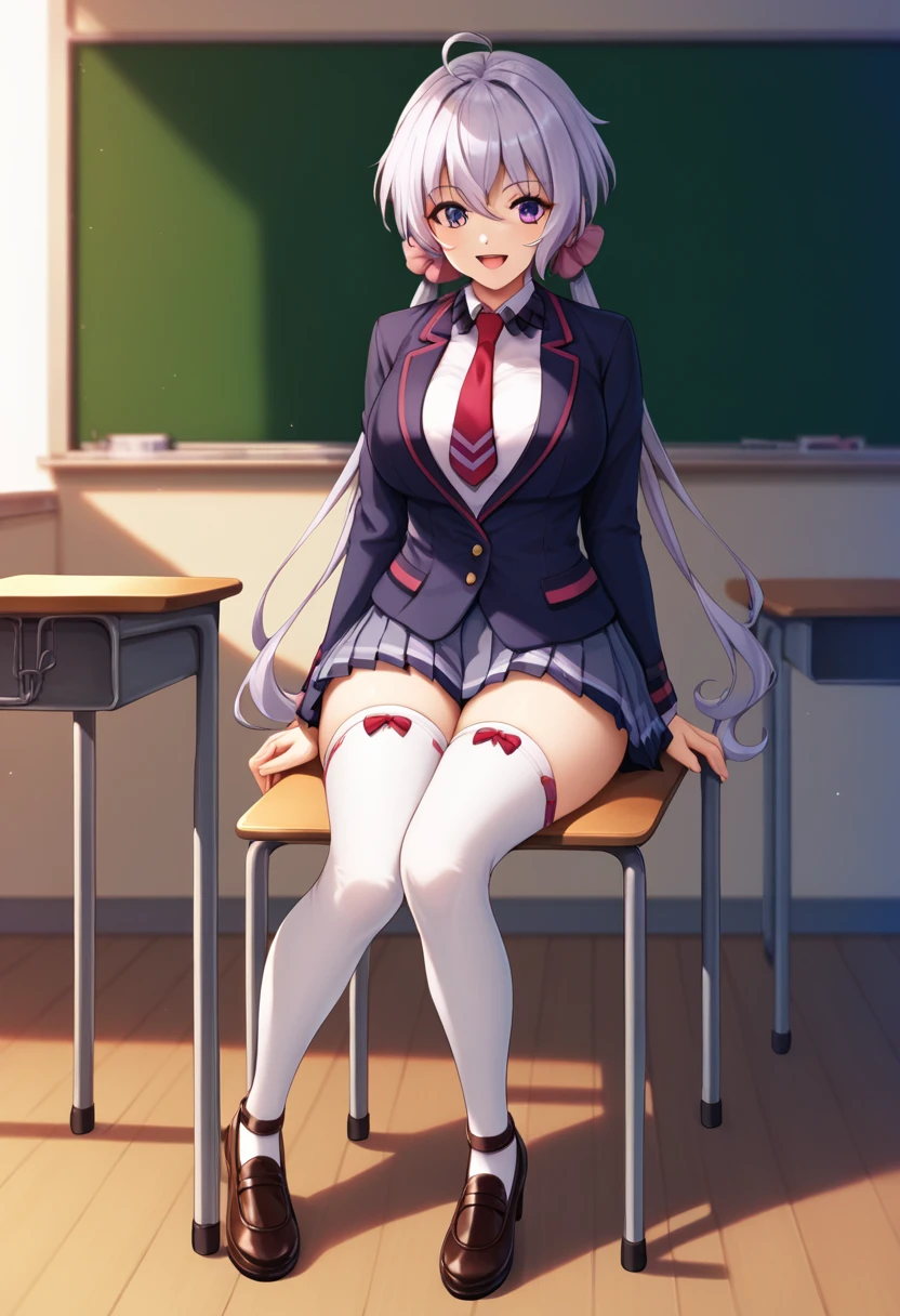  (((masterpiece))), (((Best quality))), (Very detailed), (full body), classroom, sitting on a chair, (YukineChris), long hair, purple eyes, twintails,low twintails, ahoge, large breasts, indoors, school uniform, blazer, necktie, white thighhighs, pleated skirt, open jacket, beautiful breasts, happy,,