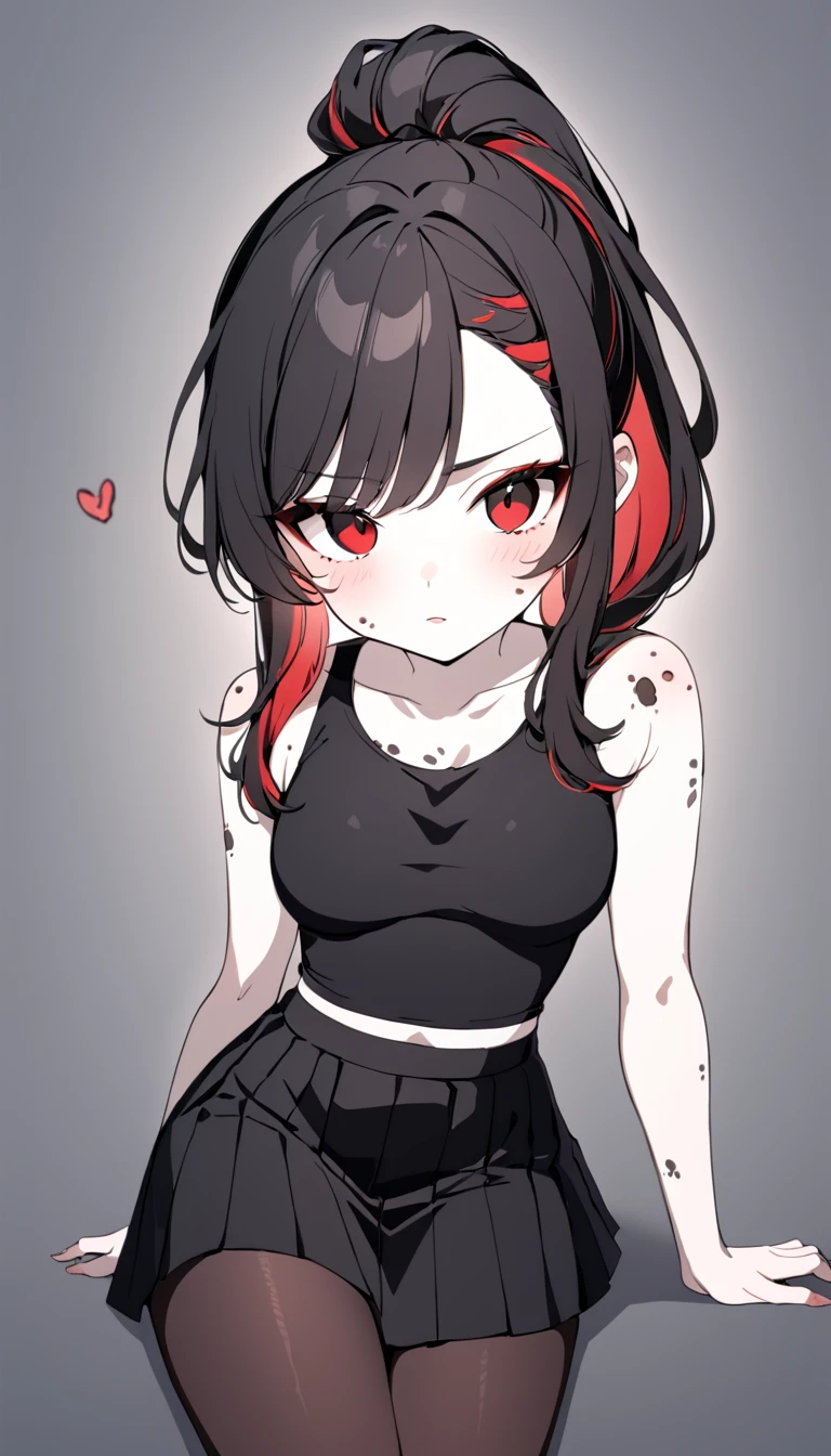 1 Girl, Medium Breasts, Raven Black Hair, Light Red Highlights In Hair, Ponytail Hair Style, Black Ribbon In Hair, Long Hair, Light Red And Black Eyes, Pale Skin, Smooth Skin, Soft Features, Nice Lips, Cute Face, Black Crop Top, Black Skirt, Pantyhose, Covered In bite Marks, 