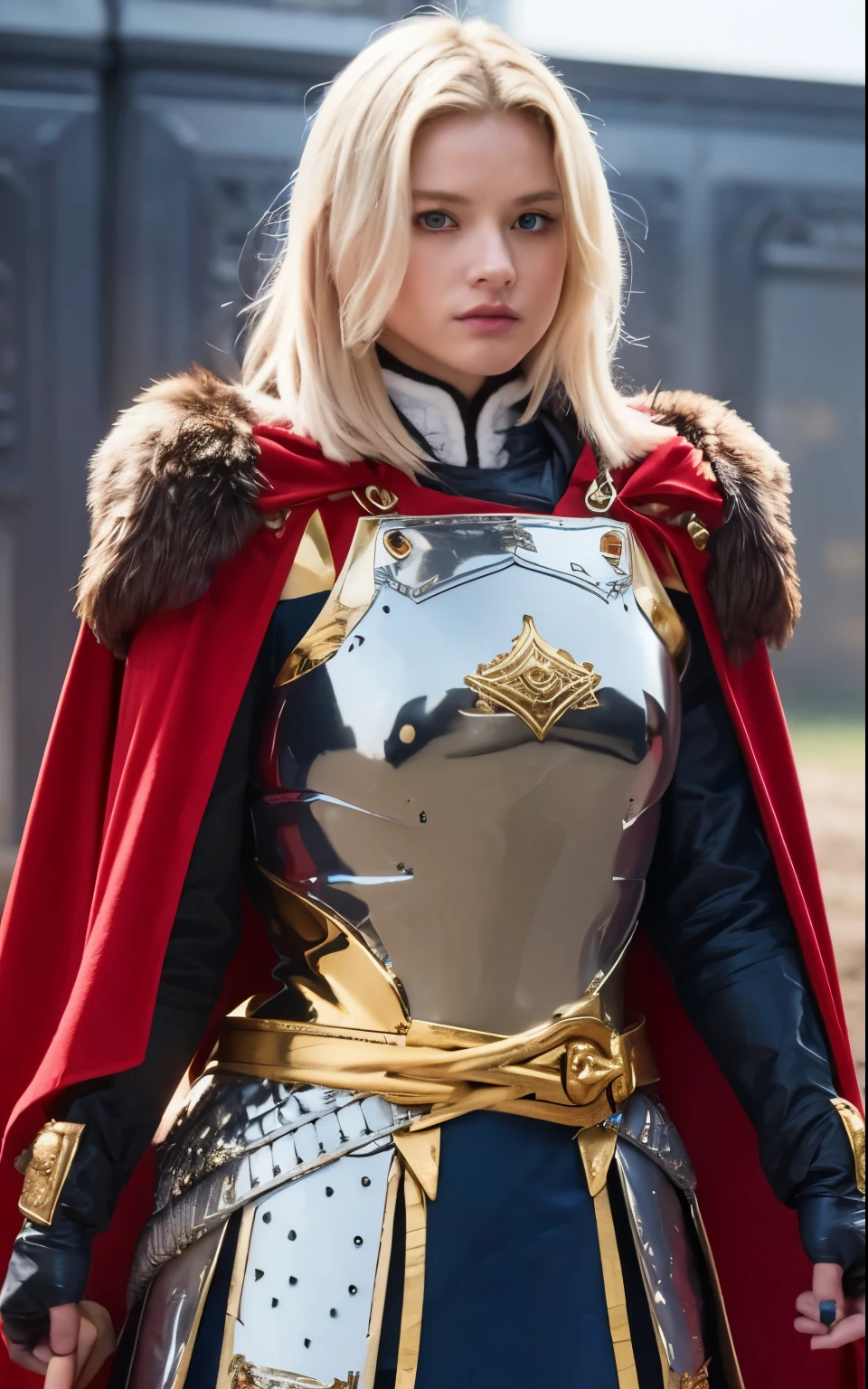 Create a young blonde-haired, blue-eyed Lannister woman wearing golden silver armor with luxury pattern and a crimson cape and  holding a sword.