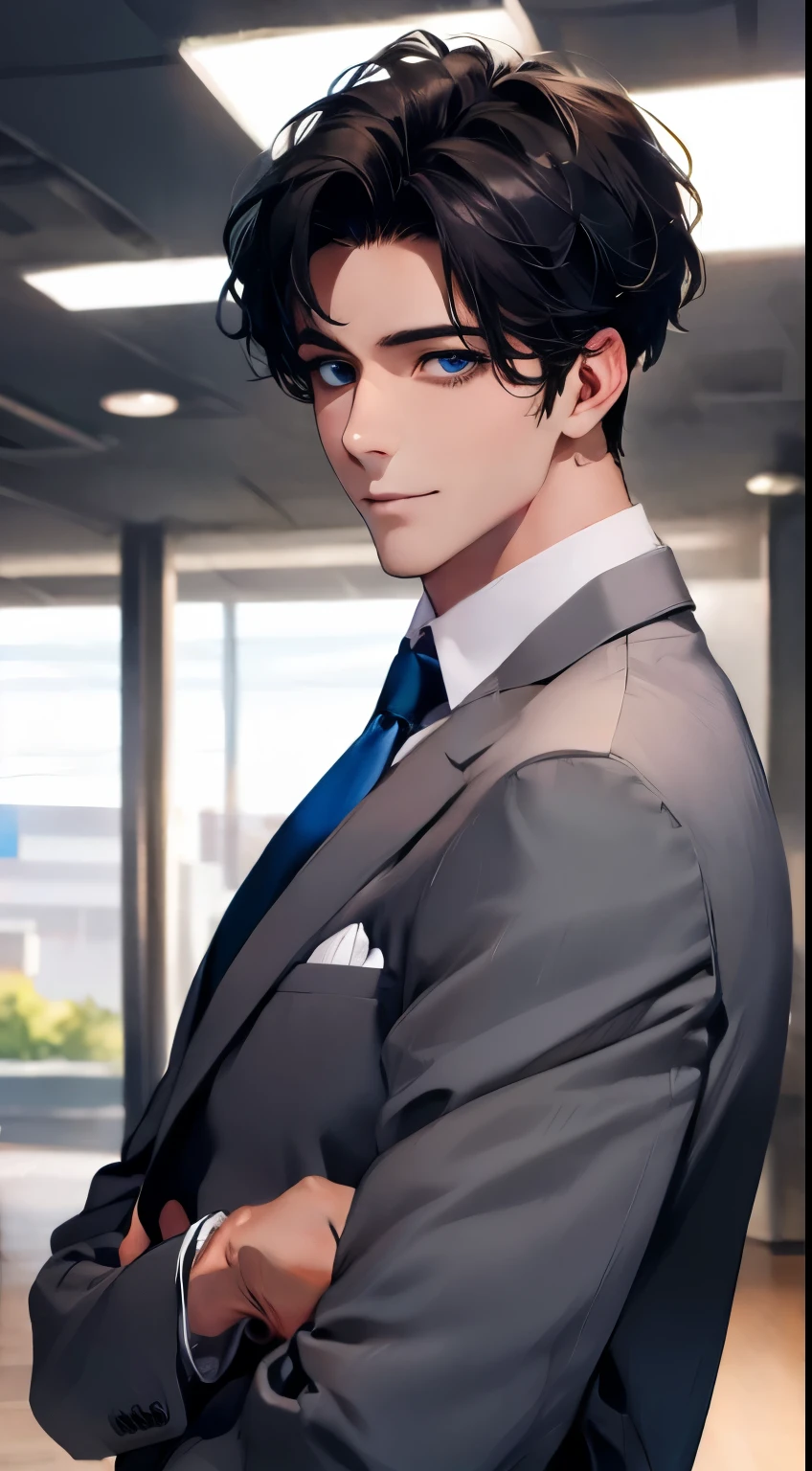 (Highest quality,4K,8K,High resolution,masterpiece:1.2),Super detailed,(Realistic,photoRealistic,photo-Realistic:1.37),1 personld,Mature Man,Beautiful skin、Profile、very handsome,Expressionless,smile,Short gray black hair,blue eyes,Sharp Eyes,A perfect face without a doubt,Businessman,Office Background,Cinema Lighting,HDR image,tie.