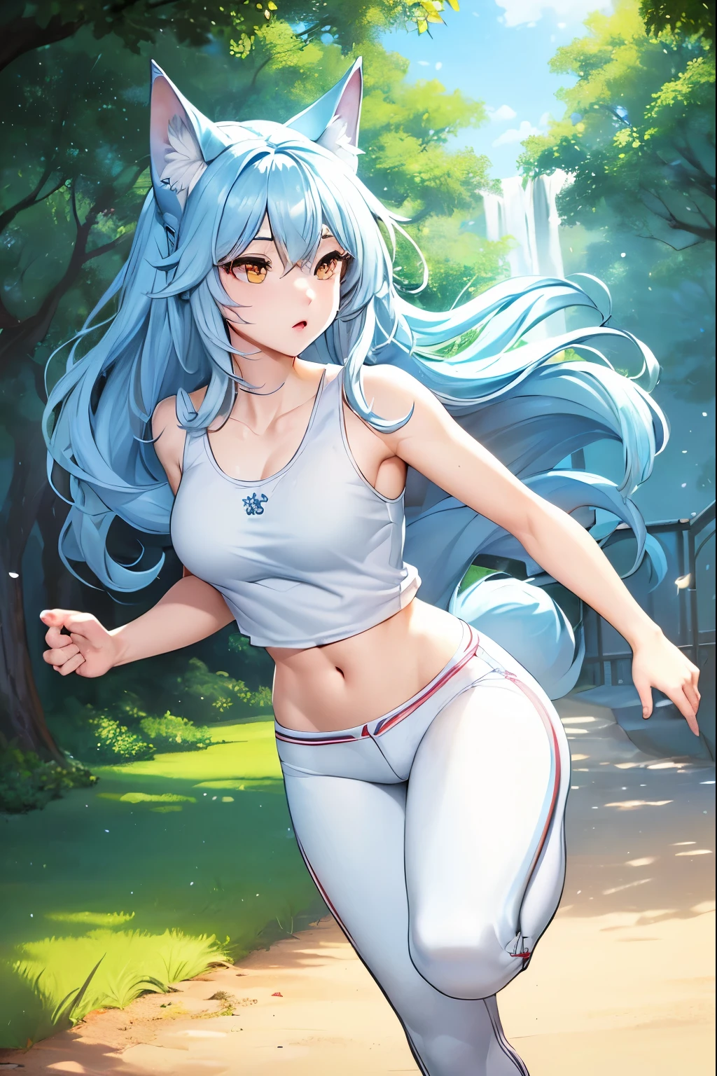 Alone,Blue Hair、anime girl, semi-long、 ponytail、ribbon、Cute face、stand、 raise one leg and hold it with your hand、 sportswear、Smaller breasts、 sports bra 、Black spats、leggings、Slender figure、Best Quality、High image quality、masterpiece、 high resolution、shadow, featuring a cheerful girl with flowing blue hair and large, sparkling purple eyes. ,black lace and golden star accents. The setting is illuminated by warm sunlight, casting gentle reflections on the water’s surface. Background elements include lush greenery and a modern, elegant pool area, creating a serene and inviting atmosphere. The overall aesthetic is anime-inspired, with bright, saturated colors and smooth, clean lines, evoking a sense of joy and summer leisure.