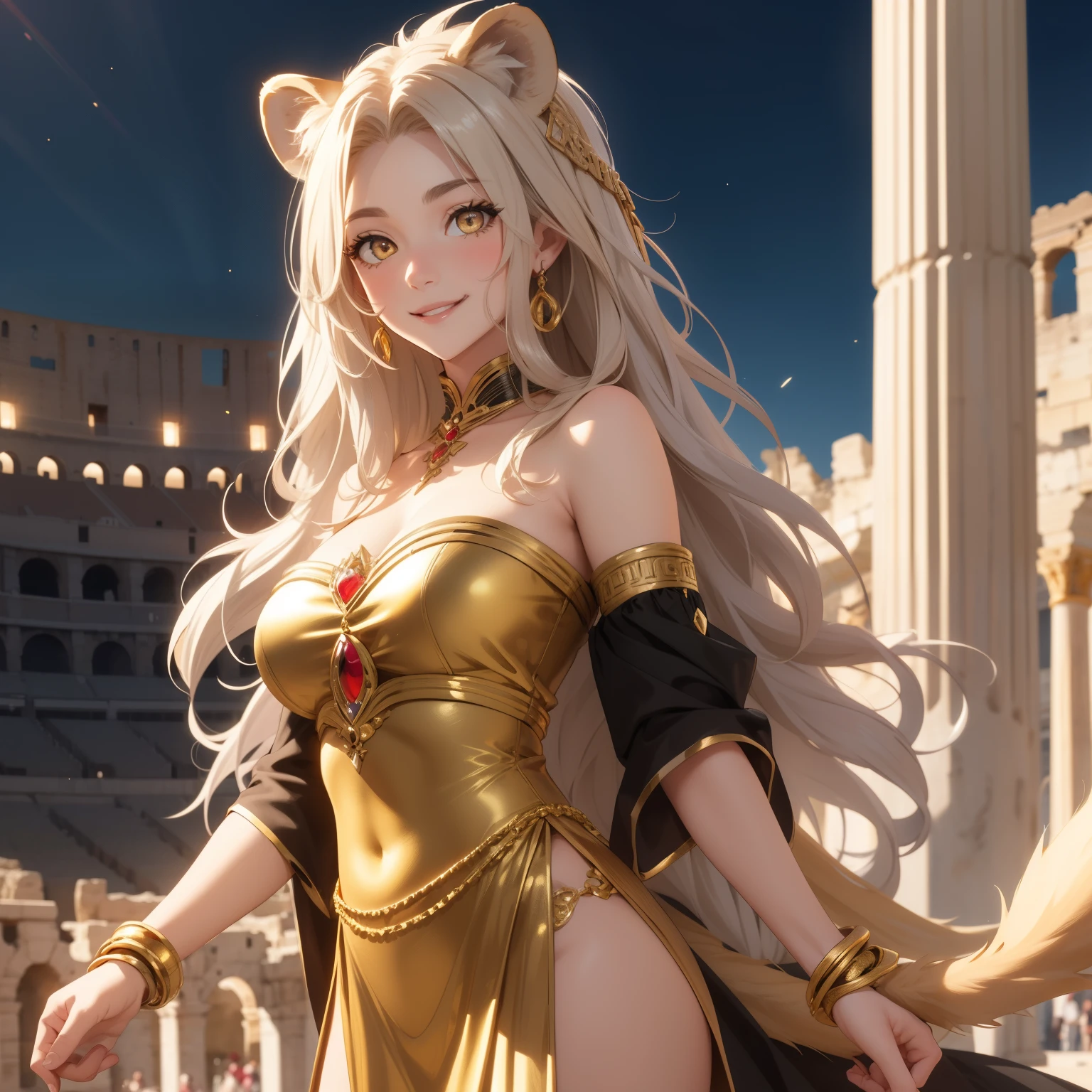 Women, lion girl, lion ears and tail., Voluminous and messy blonde hair, The golden eyes ., Large and well-formed breasts, black and white greek goddess costume, silver and gold accessories , Roman Colosseum Background, smile.