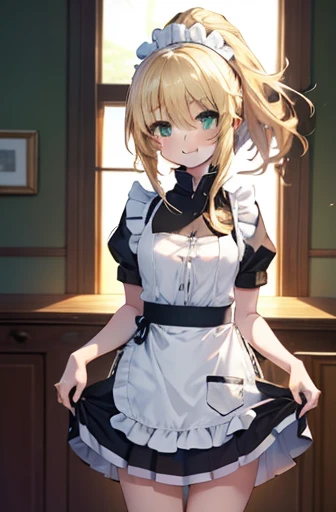 <lora:Harada_Takehito_Background_Dim32:0.8>,(maid uniform:1, maid headdress, ), ((masterpiece,best quality)), absurdres, <lora:Mito_Ikumi_Shokugeki:0.8>, Mito_Ikumi_Shokugeki, blonde hair, dark skin, green eyes, short hair, 1girl, solo, ahoge, choker, solo, smiling,blushing, looking at viewer, cowboy shot,