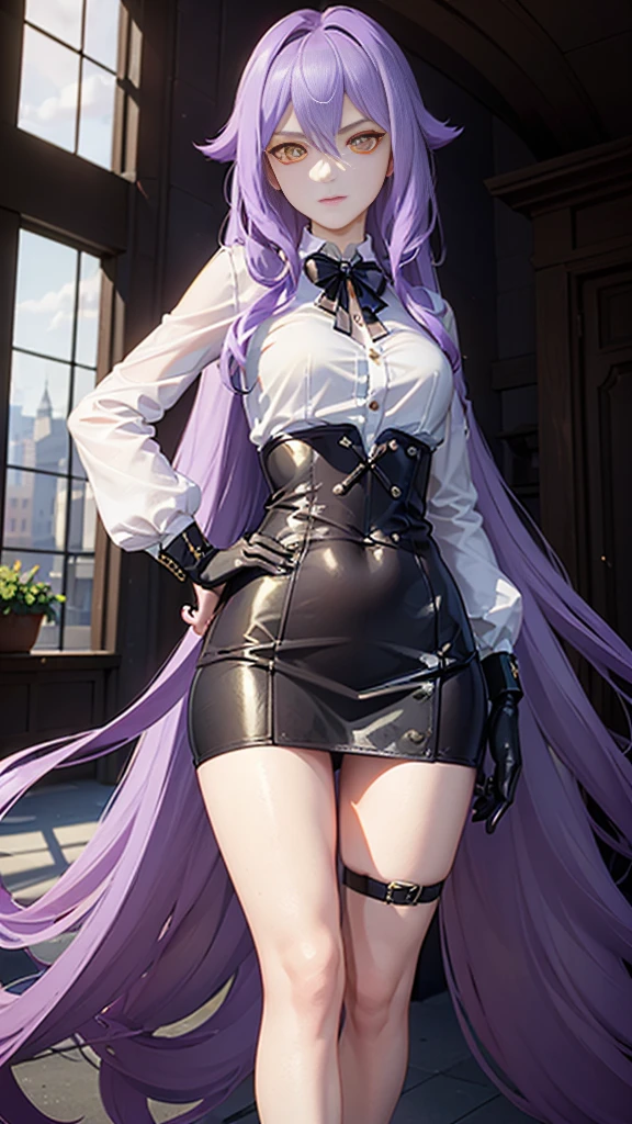 ((Masterpiece)),(( The best quality)), (detailed), expressive eyes, (Perfect face), 1 girl, (standing), (Sirin, Honkai Impact), (long purple hair), (Yellow eyes, detailed eyes), (sensual lips), (serious expression), (slim build), View from the front, choker:1.6, (White collar button-down shirt with white long sleeves), Black gloves, gloves that cover the hands, (black leather corset), (shiny black miniskirt), (black boots), (elegant mansion), by day