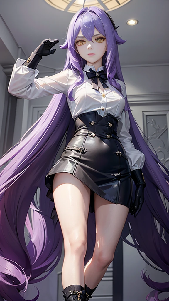 ((Masterpiece)),(( The best quality)), (detailed), expressive eyes, (Perfect face), 1 girl, (standing), (Sirin, Honkai Impact), (long purple hair), (Yellow eyes, detailed eyes), (sensual lips), (serious expression), (slim build), View from the front, choker:1.6, (White collar button-down shirt with white long sleeves), Black gloves, gloves that cover the hands, (black leather corset), (shiny black miniskirt), (black boots), (elegant mansion), by day