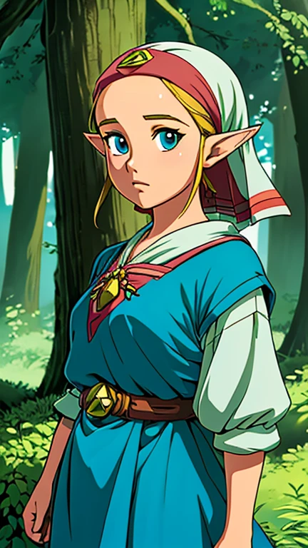 (Teens:1girl: young zelda), (extremely detailed CG unit 8k wallpaper),(master part), (best quality), (ultra detail), (best illustration),(ghibli / Background Style ( Ghibli )), cowboy shot, (Sharp eyeliner, ombre, detailed eyes:1), forest, outdoor, ,break , (officialcg), upper body, 