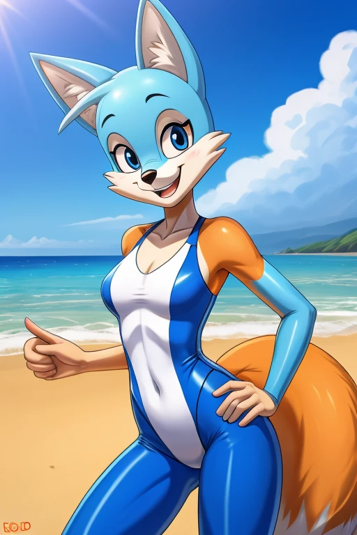 Fox cartoon skinny slim in blue lycra swimsuit on beach with happy face