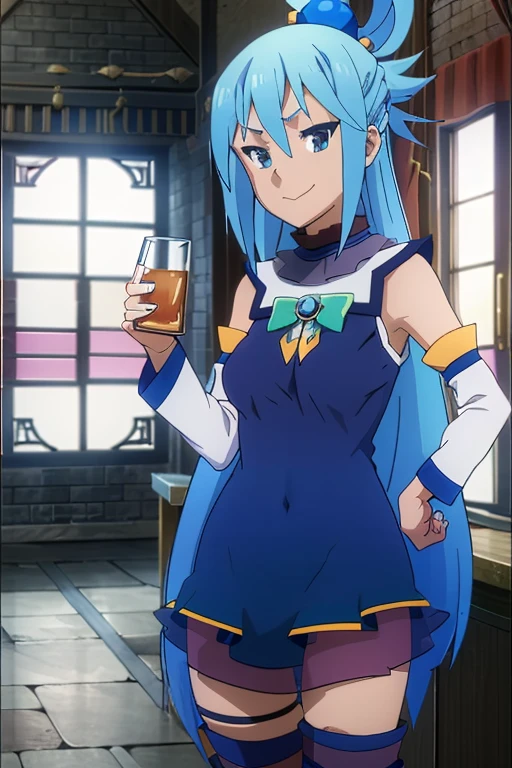 young girl, blue hair, 1, small breasts, small biotype, long hair, ponytails, black dress, black dress com letras, short dress, punk dress, wearing fishnet stockings, Black boots, smiling, looking at the viewer, holding a glass of beer4k, work of art