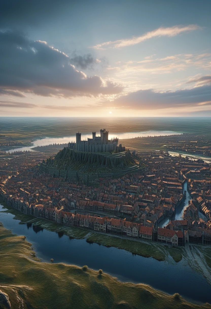 Masterpiece, best quality, hyperdetailed, 8k resolution, raw photo, sharp focus, Medieval city from the time of King Arthur but modernized, water around, sunset, large buildings, huge city
