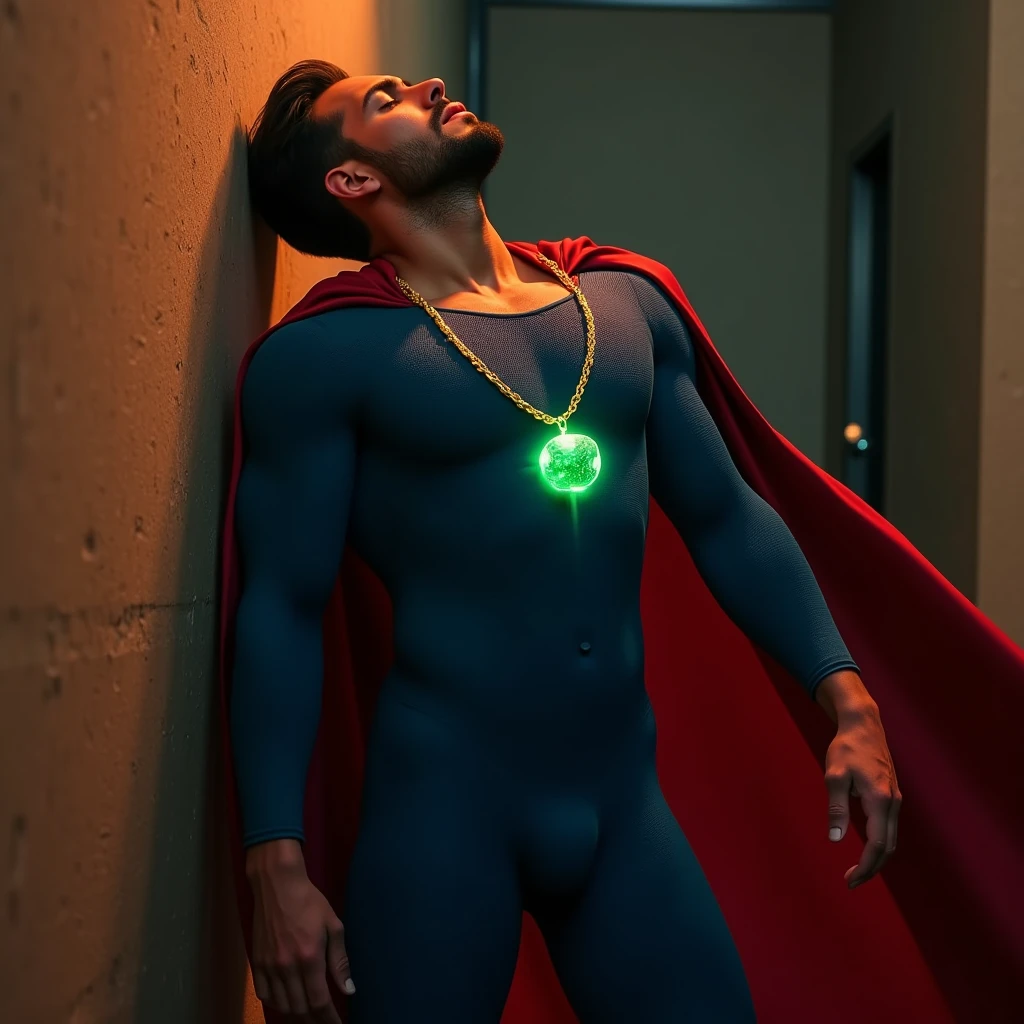 AndroFlux, A powerful superhero, muscular young male figure, mid-25s, short beard, dressed in tight blue Superman suit, a red cape falls behind his shoulders, with a glowing emerald green crystal pendant hanging around his neck, leaning against a wall with his eyes closed and arms down, expression of pain, cinematic lighting, highly detailed, photorealistic, 8k, masterpiece, dramatic, moody, warm color tones