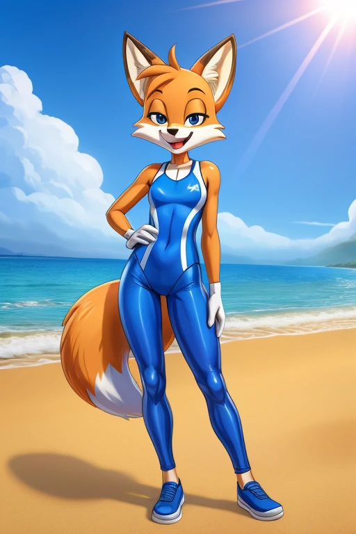 Fox cartoon skinny slim in blue lycra swimsuit on beach with happy face