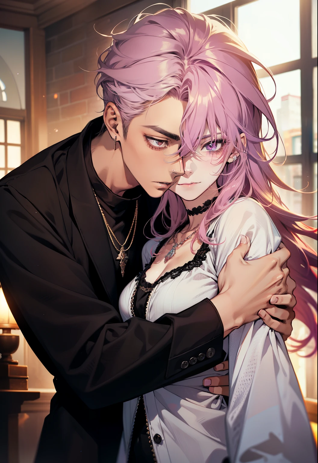 ​masterpiece, top-quality, 2Others, Male and female couples, 1 man and 1,, Adults, Height difference, different fashion, different color, finely eye and detailed face, intricate detailes, Casual clothing, Oversized shirt, Modern urban streets, Hands on back, A smile, Happiness, tenderness, high-level image quality、 beautiful male、tall、hug from behind、Trying to kiss、window、nightfall、nighttime scene、𝓡𝓸𝓶𝓪𝓷𝓽𝓲𝓬、Korean Male, Idol Photos, k pop, Professional Photos, Vampires, Korean fashion in black and white, By Fedman with a necklace, inspired by Sim Sa-jeong, androgynous vampire, :9 detailed face: 8, extra detailed face, detailed punk hair, ((asa)) baggy eyes, Seductive. Highly detailed, semi realistic anime, Vampires, hyperrealistic teen, delicate androgynous prince, imvu, short hair above the ears, Man with short hair, Woman with long hair, A man with a glaring expression and a woman with a gentle expression, With a short-haired man with bright purple hair, Woman with pretty long pink hair