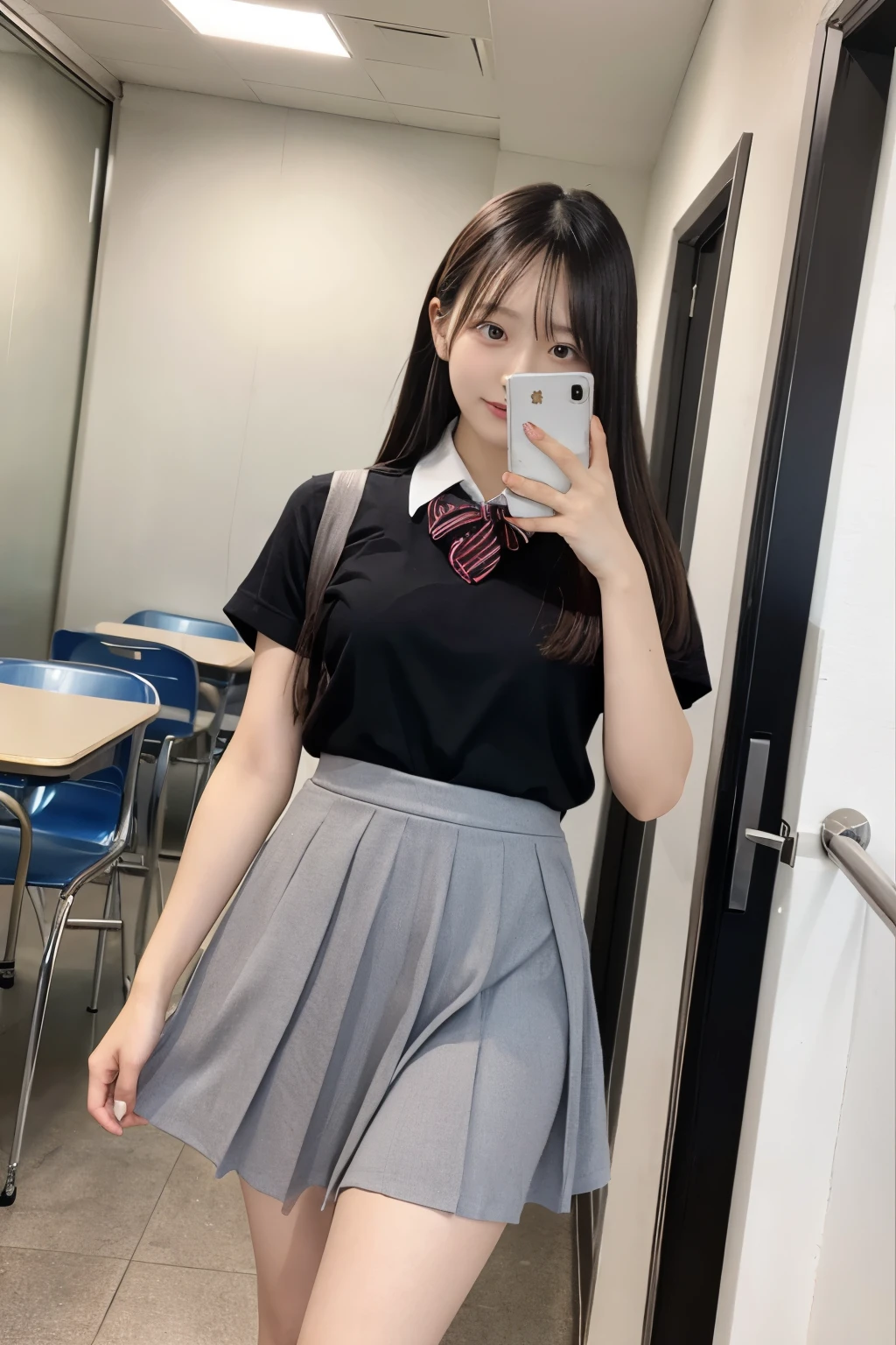 Cute nerdy girl, large baggy shirt, pleated mini skirt, stockings, large round black rimmed glasses, long black hair, bangs, standing, inside bedroom