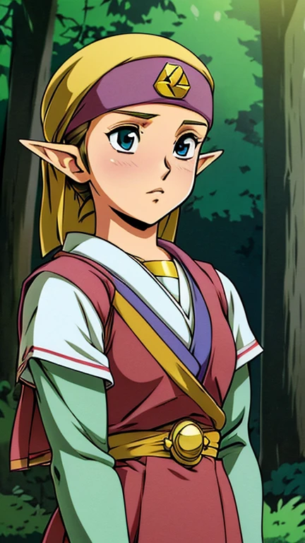 (Teens:1girl: young zelda), (extremely detailed CG unit 8k wallpaper),(master part), (best quality), (ultra detail), (best illustration),(ghibli / Background Style ( Ghibli )), cowboy shot, (Sharp eyeliner, ombre, detailed eyes:1), forest, outdoor, ,break , (Urushihara Satoshi), upper body, 