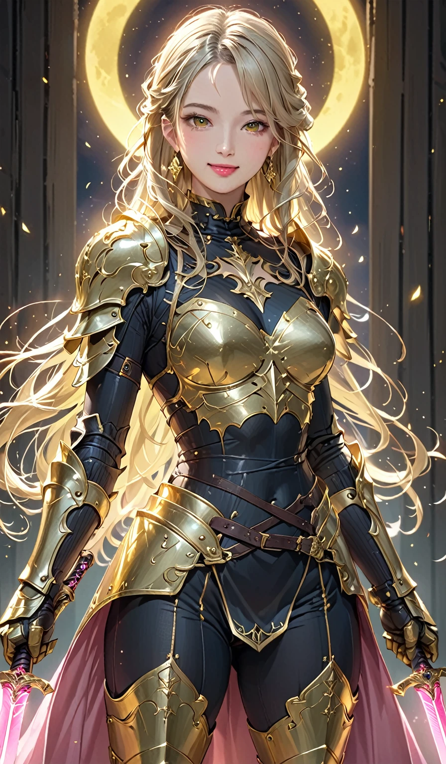 (Perfect Anatomy)、masterpiece、super high quality、 8k、masterpiece、Best Quality、Ultra-high resolution、Highest Resolution、Very detailed、Professional Lighting、woman、smile、so beautiful、Very detailedな目、Very detailedな顔、Gold earrings、blonde, Yellow Eyes、Detailed Armor Patterns、Center of chest,  compensate, Eyeliner, Eyeshadow, Pink Cheeks, Pink Lips,Glossy Lips、 bikini armor, Golden open mini skirt , whole body, gold, Extra long golden boots, Golden long gloves, woman格闘家, High heels, Gauntlets with golden claws, Gold knee pads,Night view、Starry Sky、Big yellow moon、full moon、break、(((arms)))、break、(((sword)))、(((swordを構える)))、break、(((両手で地面にswordを刺す)))、Above the knee、View from the front、