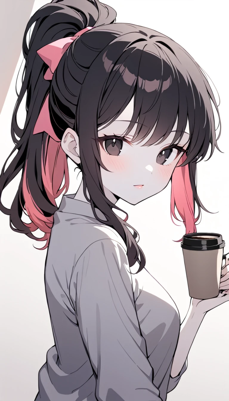 1 Girl, Medium Breasts, Raven Black Hair, Light Red Highlights In Hair, Ponytail Hair Style, Pink Ribbon In Hair, Long Hair, Light Red And Black Eyes, Pale Skin, Smooth Skin, Soft Features, Nice Lips, Cute Face, Cute Pick Casual Clothes, Drinking a Coffee