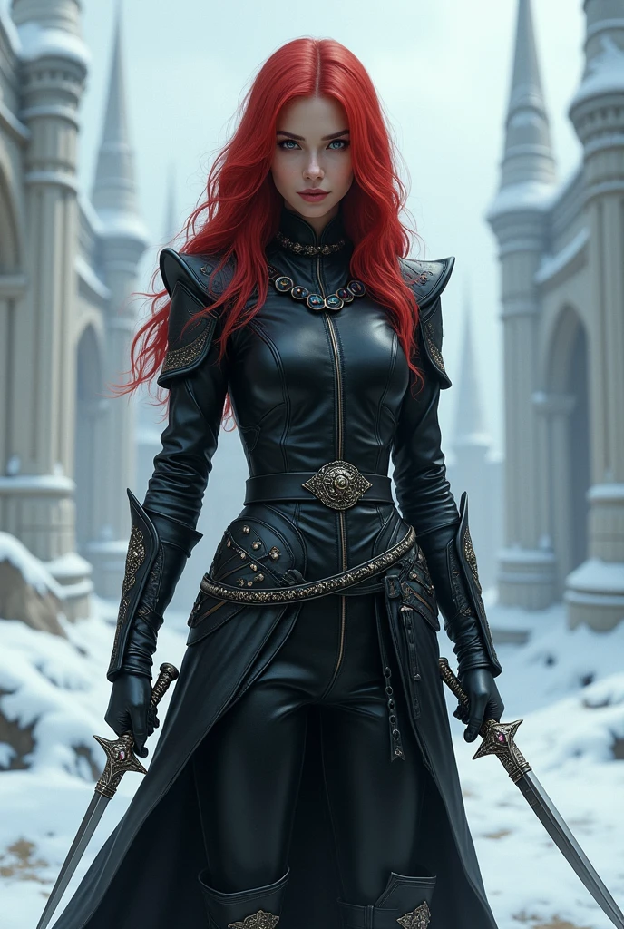 a snowy night war background, create a full body image of a gorgeous woman standing, one foot planted in the snow, another foot on a deceased man's chest, with long extra curly red hair and long bangs at the sides of his face, light freckles, sharp features and slanted half-closed glowing light purple eyes wearing a really fancy steampunk suit with straps, her chest area is open, neck-line shown, long black gloves, a frilled neck tie, black pants with black animal furs caping the back and side of his legs and knee-high strapped boots. sHe is holding a longsword, she is currently fighting other men in black armor, holding his sword towards them, other men fighting around her, with red snow at his feet/ boots. He has blood on his clothes. sHe has a long bloody scar going across his cheeks and nose.