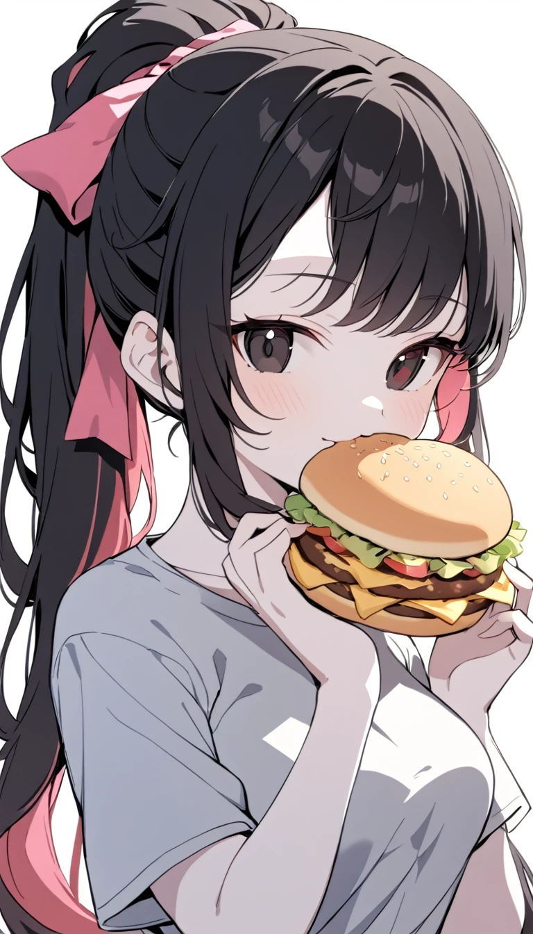 1 Girl, Medium Breasts, Raven Black Hair, Light Red Highlights In Hair, Ponytail Hair Style, Pink Ribbon In Hair, Long Hair, Light Red And Black Eyes, Pale Skin, Smooth Skin, Soft Features, Nice Lips, Cute Face, Cute Pick Casual Clothes, Eating a Cheeseburger 