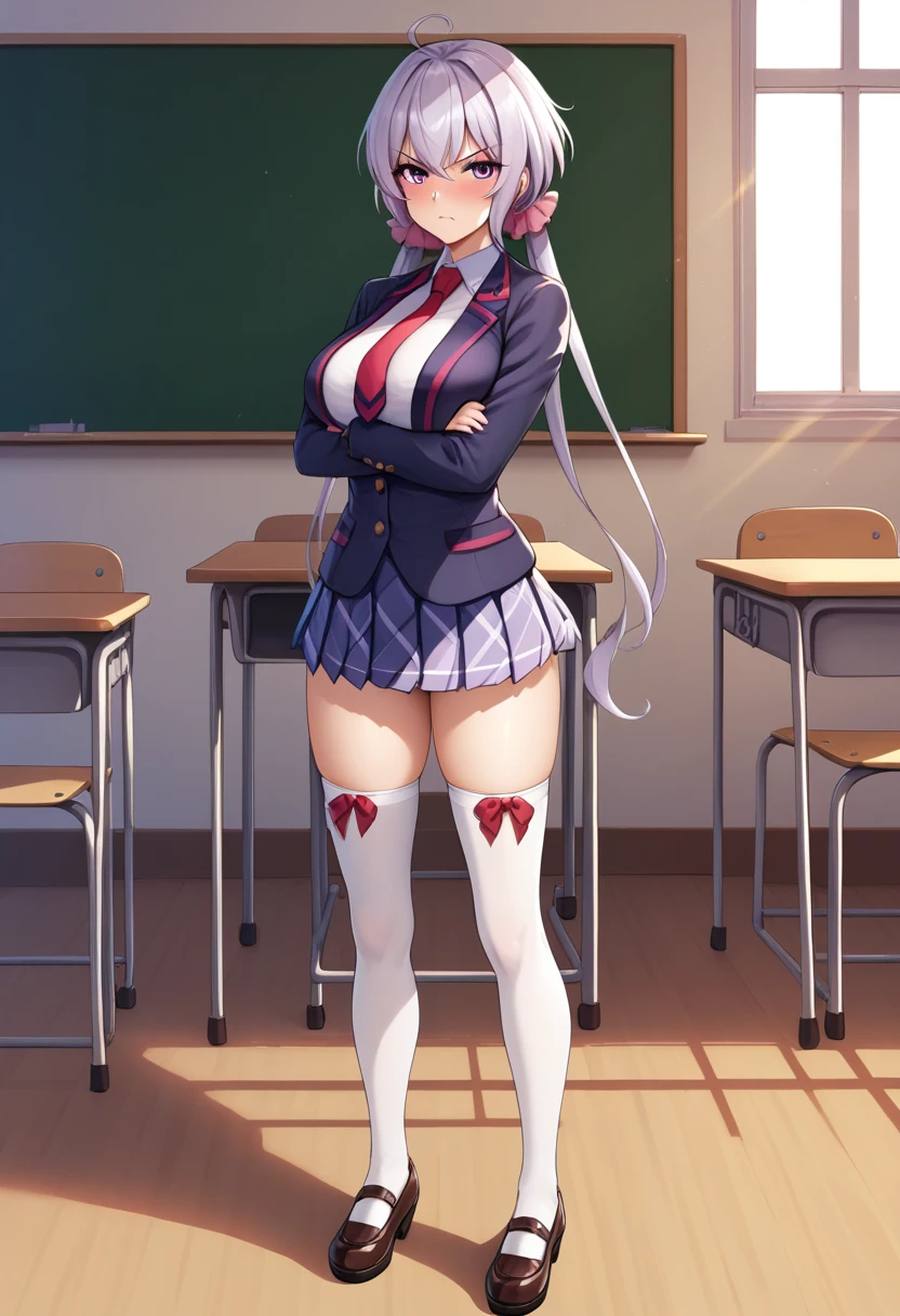  (((masterpiece))), (((Best quality))), (Very detailed), (full body), classroom, (blush), (scowl), crossed arms, (YukineChris), long hair, purple eyes, twintails,low twintails, ahoge, large breasts, indoors, school uniform, blazer, necktie, white thighhighs, pleated skirt, open jacket, beautiful breasts,,