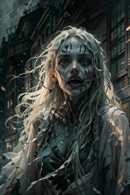 A terrifying banshee floats through a desolate modern town, her ghostly form shrouded in tattered, ethereal robes (1.4), with long, wild hair flowing unnaturally in every direction (1.3). Her face is pale and gaunt, with hollow, glowing eyes (1.5), and her mouth open in a silent scream that emanates pure terror (1.6). The air around her is filled with an otherworldly, piercing wail that causes windows to shatter and lights to flicker. Shadows deepen wherever she passes, and her ghostly figure seems to distort reality itself (1.5). The town is empty, its streets littered with debris and broken glass, while distant fires reflect off the cracked windows of the buildings (1.4). The banshee hovers above the ground, moving with an eerie, unnatural grace, as a dark fog swirls around her (1.5), and her chilling presence fills the scene with overwhelming fear and dread (1.6)." Image quality: 8K ultra-realistic rendering (1.6) Horror atmosphere: horror cinematic tone, dramatic lighting (1.5) Banshee details: tattered ethereal robes, glowing eyes, silent scream (1.4) Environmental effects: shattered windows, flickering lights, deep shadows (1.5) Shadows and contrast: deep shadows, high contrast lighting (1.6)