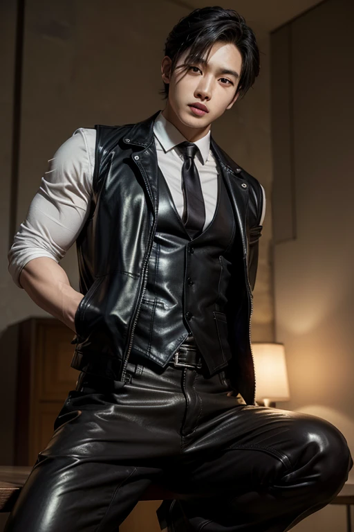man, as mafia boss, tall and fit, with short black hair, while sexy modeling in different positions, whole body.