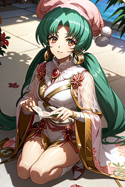 Sparkling, bright, smiling,Ran Faniel、Anime screen capture、Girl 1 Person、solo、Green Hair、ピンクのdress、hat、Ball-shaped hair accessories、Long Hair、Twin tails、Hair accessories、dress、indoor、Orange eyes、blush、High resolution、Detailed face、Detailed eyes、Seductive eyes、誘惑的なsmile、Sitting、happiness、smile、(Center、Scale to Fit、Three-part method)、