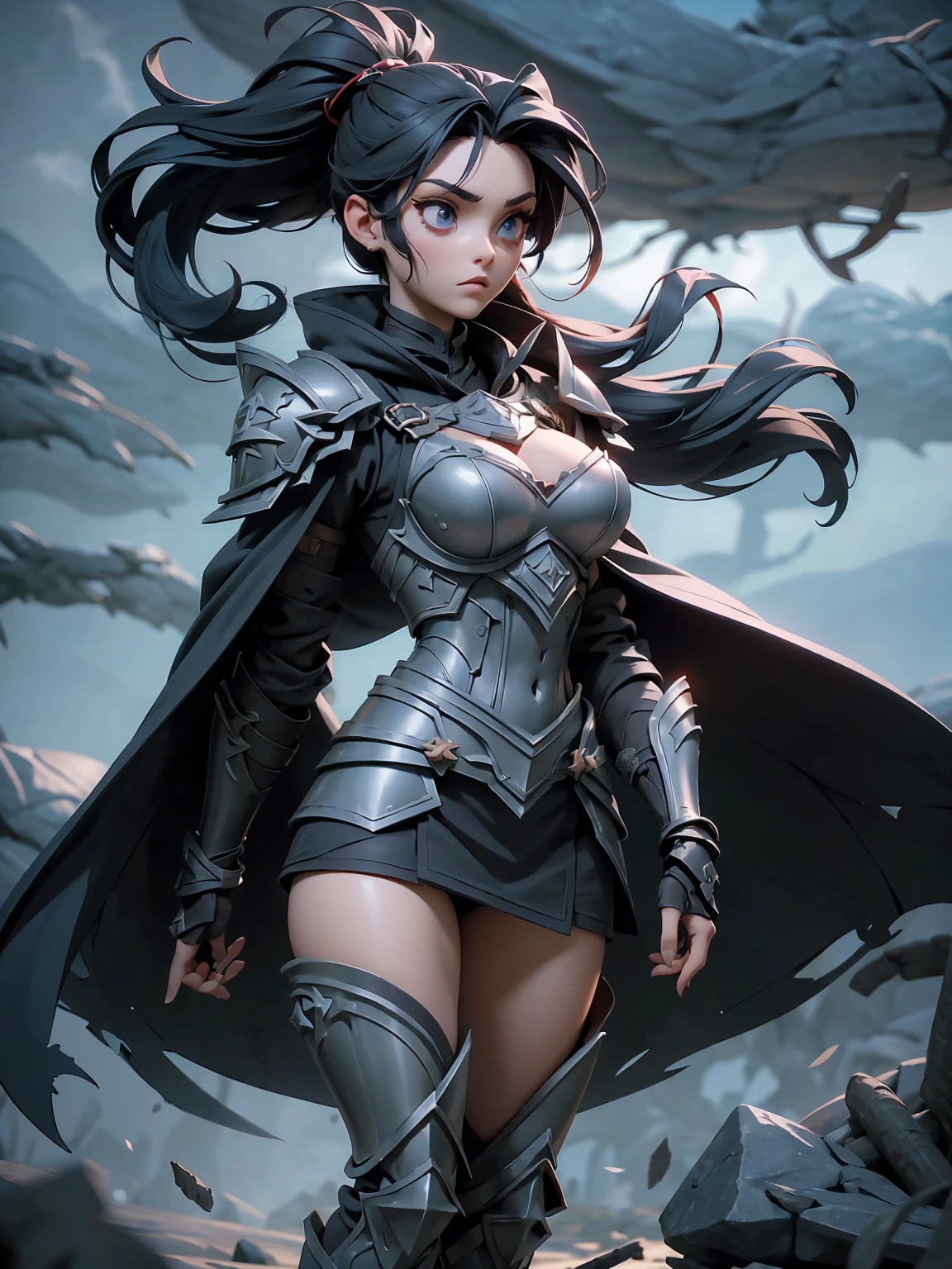 A beautiful woman, (from below: 1.3), (perspective: 1.2), looking at the audience, full body, full body photo, very huge breasts, high heels, (( snow background)), (( full body armor, gown)), smile, ((holding a weapon)) , very big ass, black color hair, ponytail hairstyle, ((Highest quality)), ((outstanding detail)), ((super high resolution: 3.5)), (fidelity: 1.4), ((best illustration, favor details, perfect detail rendering, ultra HD, masterpiece, ultra high res)), (photorealistic:1.5), raw photo, perfect brightness and darkness, light ray, perfect balance, smooth color transition, perfect body figure, full body frame, shining light, red and black color armor, aura, mantle, cape, Full detail armor design, crown, blue eyes
