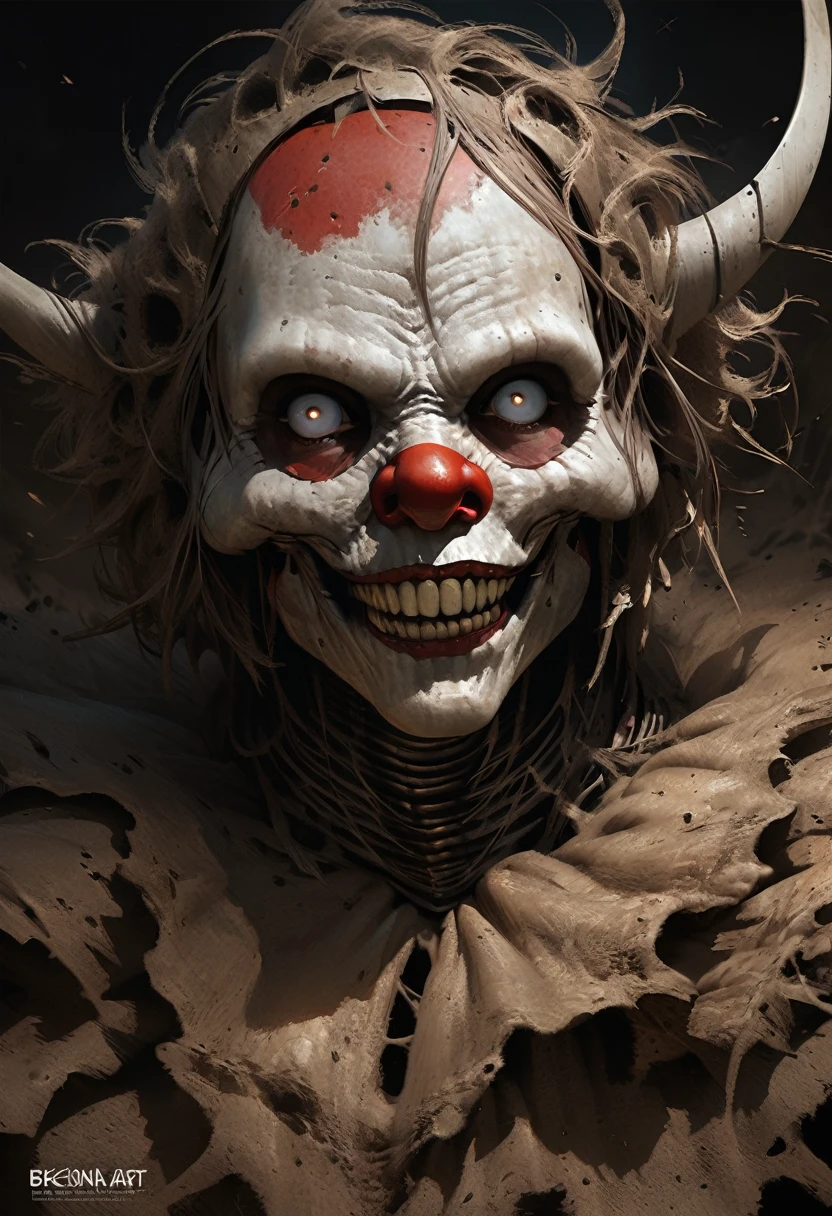 Nightmare Grin	 An image featuring an evil clown with a menacing grin, showcasing sharp, yellowed teeth and an unsettling smile that sends chills down the spine, Ultra realism, color field printing, high detail, UHD, 8k, anatomically correct, cinematic lighting 4d quality --auto