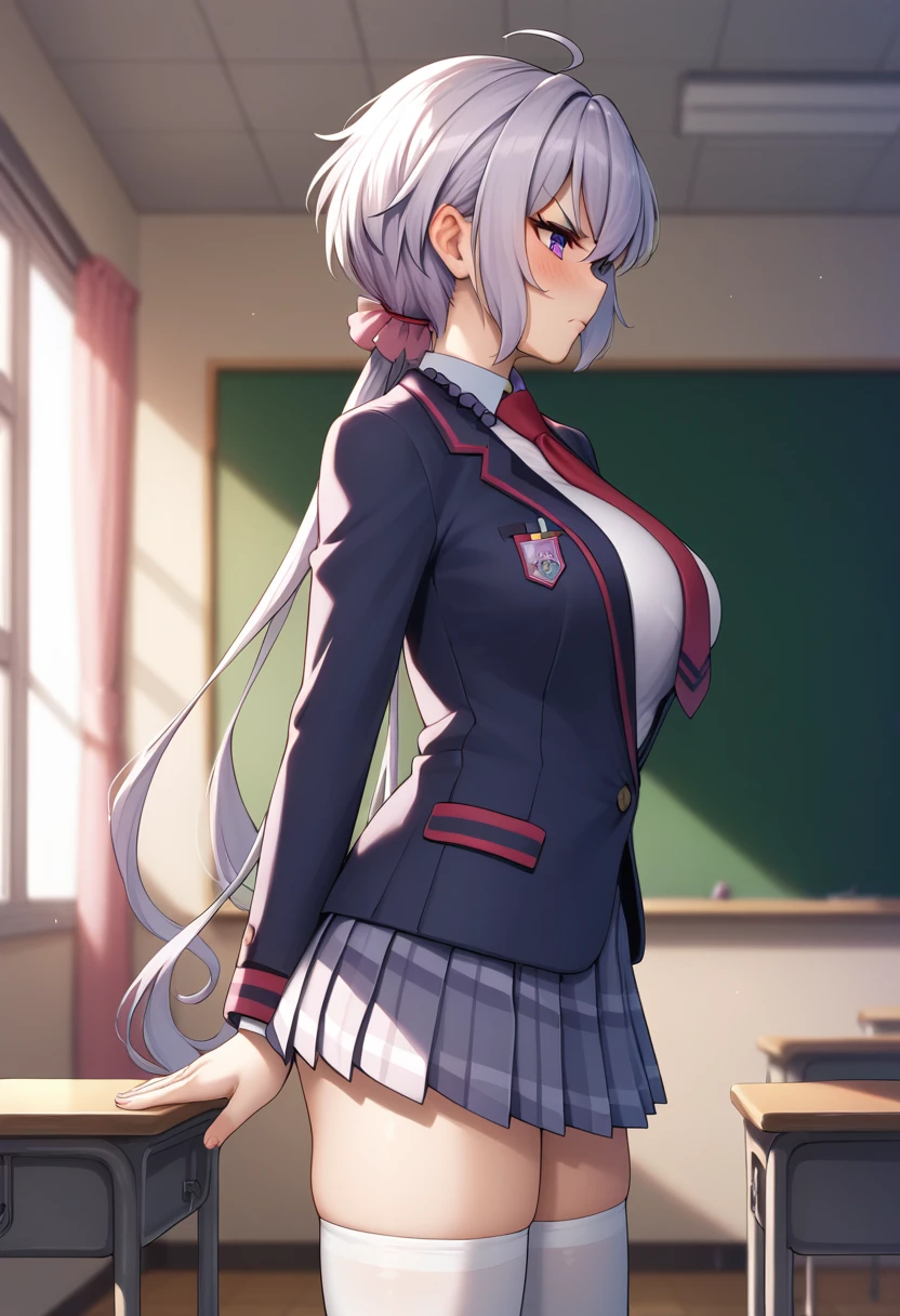  (((masterpiece))), (((Best quality))), (Very detailed), (cowboy shot), classroom, (blush), (scowl), (YukineChris), long hair, purple eyes, twintails,low twintails, ahoge, large breasts, indoors, school uniform, blazer, necktie, white thighhighs, pleated skirt, open jacket, beautiful breasts, from side,