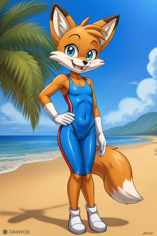 Fox cartoon skinny slim in blue lycra swimsuit on beach with happy face