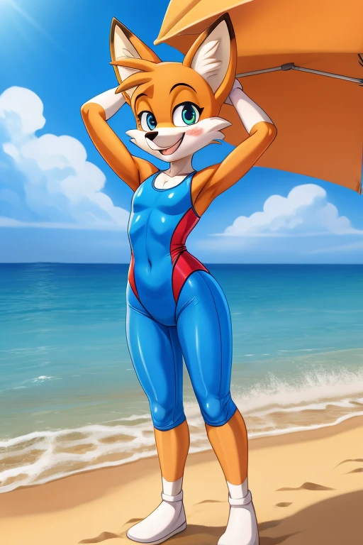 Fox cartoon skinny slim in blue lycra swimsuit on beach with happy face