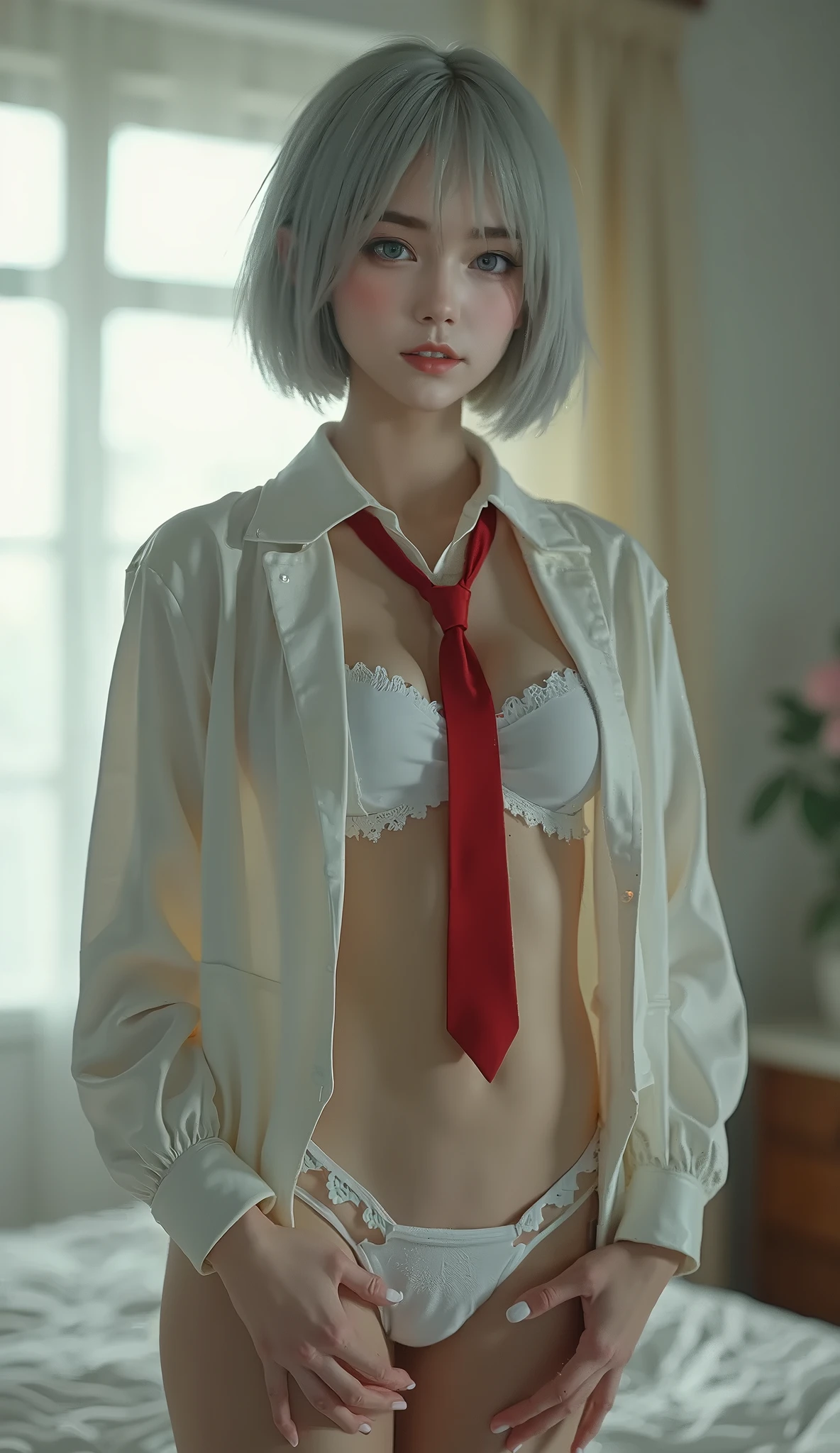 White-haired girl,Wear a completely transparent shirt,Tattered shirts,Undo all buttons,revealing breasts,Exposing the abdomen,background green,sitting in the couch,legs separated,and wear no underwear,