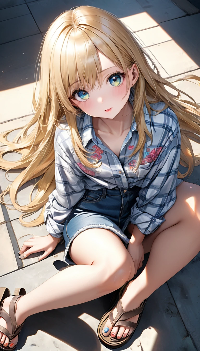  With a girl：Her hair is blonde and long.、Braiding。Her face is round and cute。White and blue dress outfit、Has a floral pattern。white sandal shoes、Ribbons on the ankles。Scene with girl doing squats and splits：There is a beautiful シーン floating in the background.、blue sky, White cloud, Green meadow and colorful flowers。The シーン is softly painted like a watercolor painting.、It has a dreamy atmosphere。The シーン expresses the imagination and sensibility of the girl、Pubic hair is visible、(Beautiful bare pubic hair) ,more_detailed:1.5, (More and more_detailed:1.9)、
