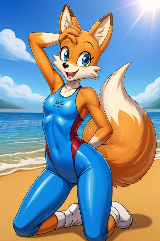 Fox cartoon skinny slim in blue lycra swimsuit on beach with happy face