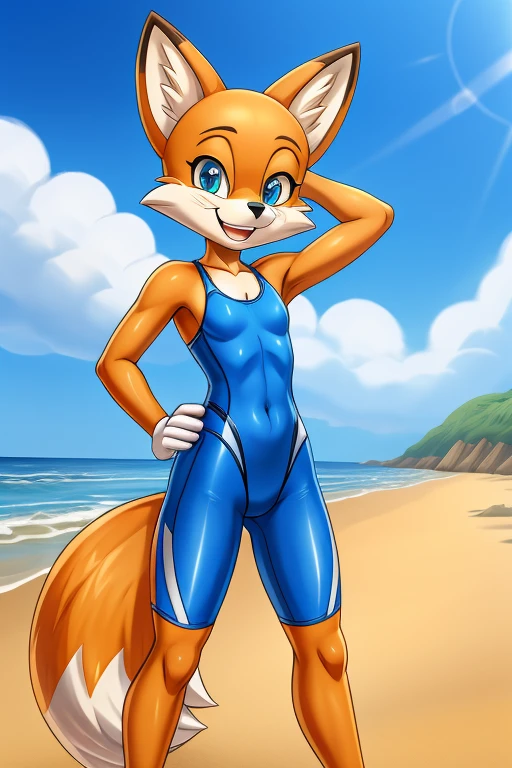 Fox cartoon skinny slim in blue lycra swimsuit on beach with happy face