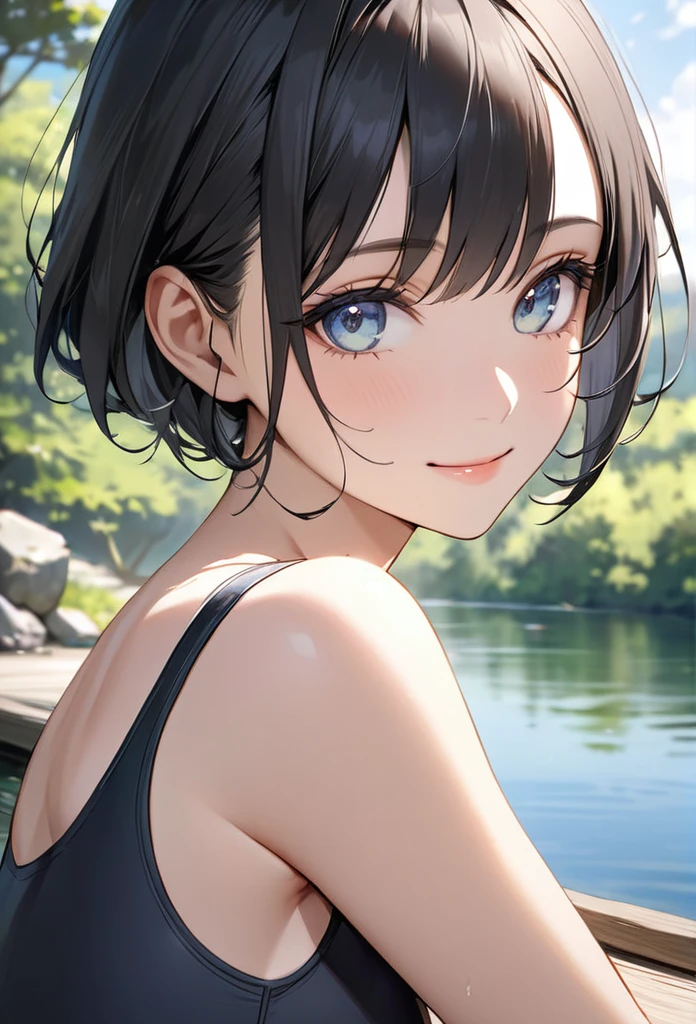 とっても可愛いgirl、(girl、)、dark brown hair、cowboy shot、bob cut、short hair、violet eye、Brown eye、smile、clear white skin、Navy blue tank top、navy blue blitz skirt、whole body、grassland、8K、4K、High resolution、fine-grained、girl2人。