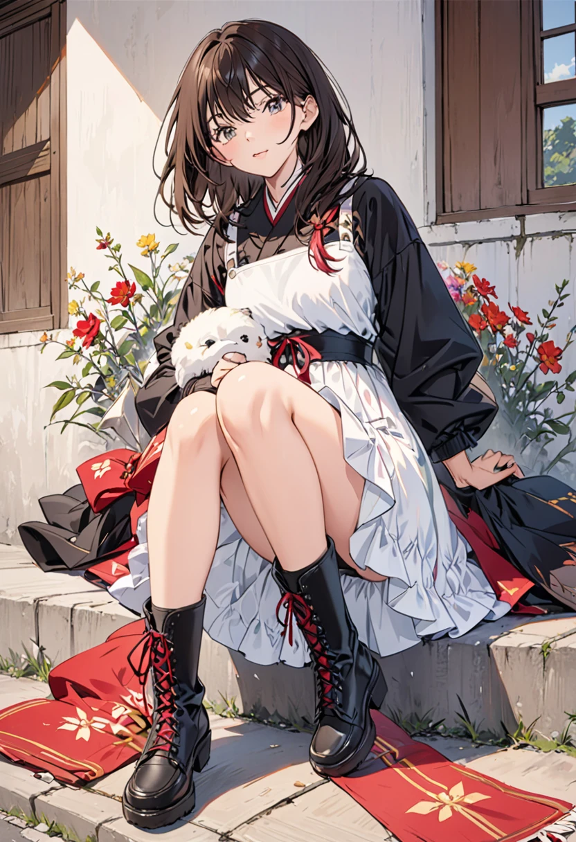 best quality, high_resolution, distinct_image, detailed background ,girl,flower, lain,dutch angle, wet,oriental castle,gothic hanbok, waist apron,