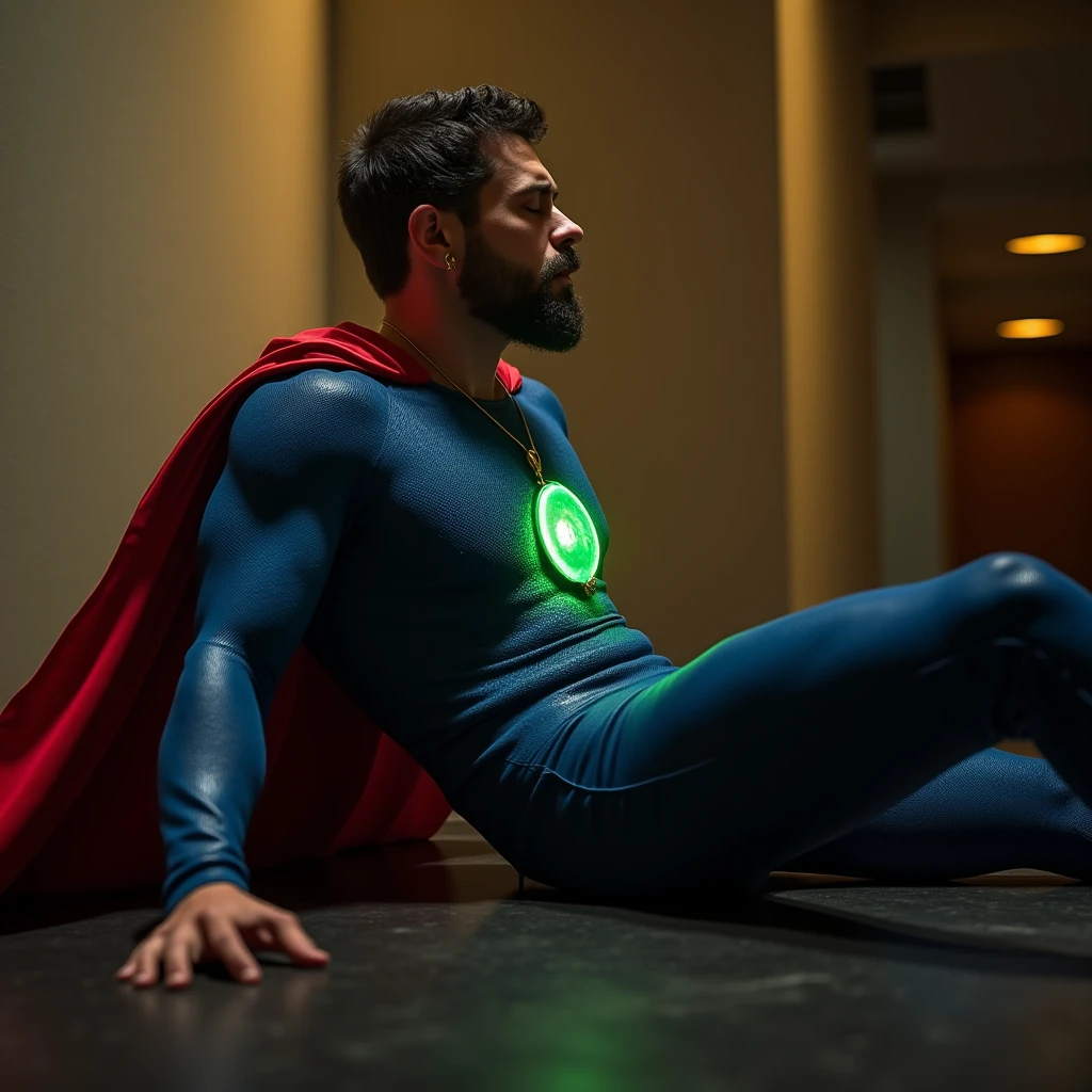 AndroFlux, A powerful superhero, muscular young male figure, mid-25s, short beard, dressed in tight blue Superman suit, a red cape falls behind his shoulders, with a glowing emerald green crystal pendant hanging around his neck, lying on the floor  with his eyes closed and arms down, expression of pain, cinematic lighting, highly detailed, photorealistic, 8k, masterpiece, dramatic, moody, warm color tones