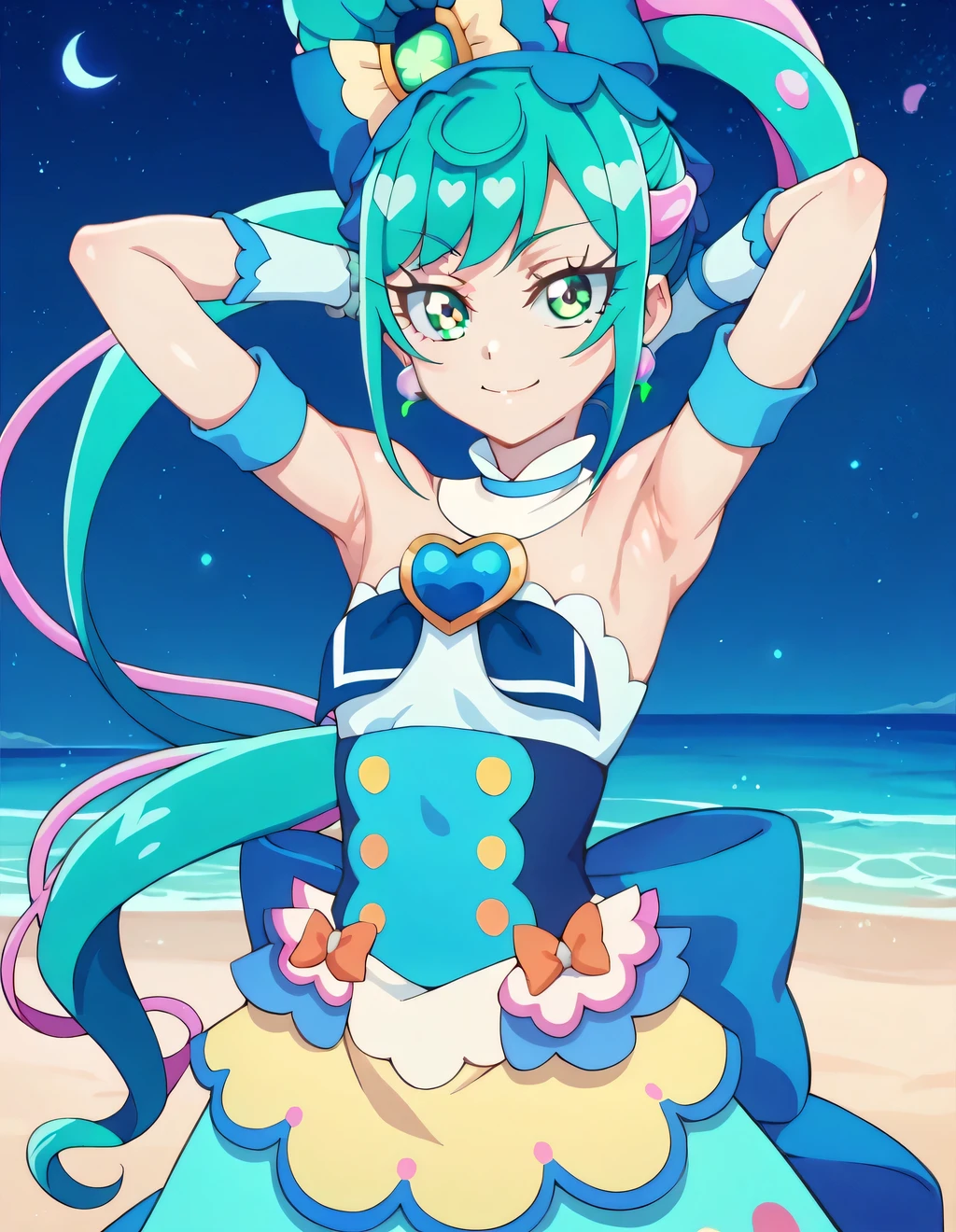 curespicy, shiny skin, high quality, small breast, solo, night sky, beach, arms behind head, {contrapposto}, closed mouth, spread armpits, cowboy shot, looking at viewer, smile, best quality,