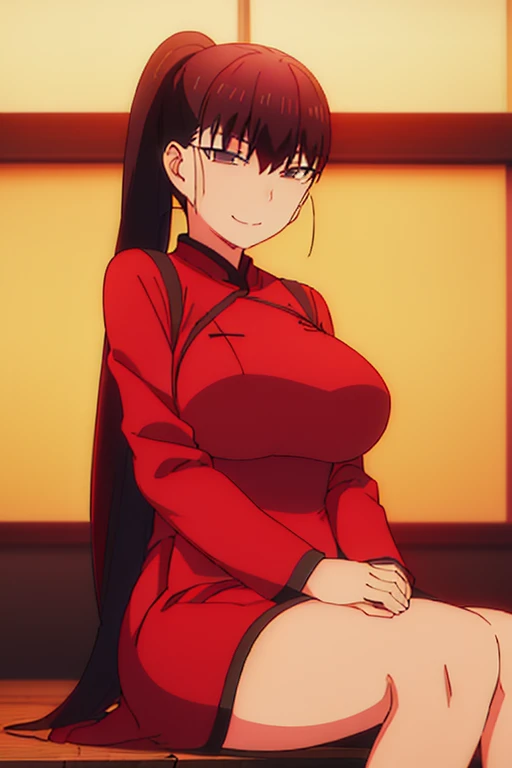 honjyouakira,Red Hair、Big Breasts、Tall、Red Chinese clothing、A sharp expression、girl、solo、I can see your ass、High image quality、Bright lighting、High resolution、Detailed face、Detailed eyes、Seductive eyes、誘惑的なsmile、Sitting、happiness、smile、(Center、Scale to Fit、Three-part method)、